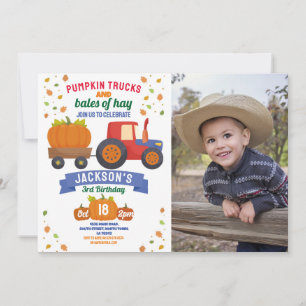 Tractor Pumpkin Birthday Harvest Party Photo Inbjudningar
