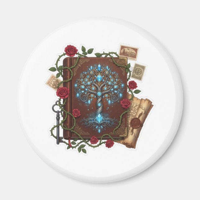 Träd av Liv Fantasi Spell Book design Magnet (Framsidan)