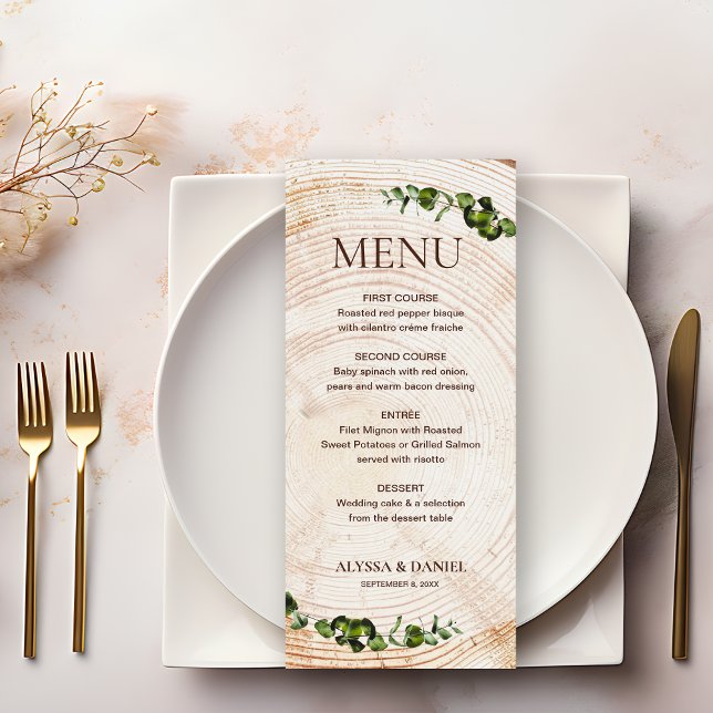 Träd bark Grönt löv löv Meal kurser Meny (Unique, personalized, rustic wedding Menu with wood tree background and green botanical leaves.)