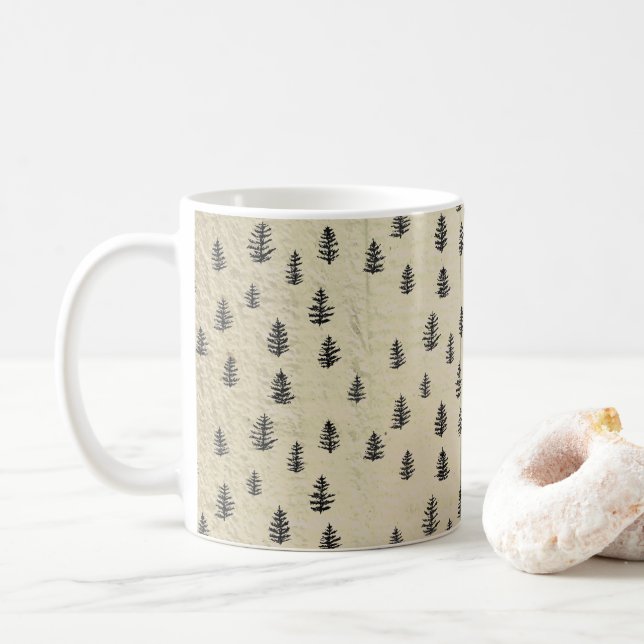 Träd Berg Illustration Mönster Rustik Kaffemugg (Med munk)