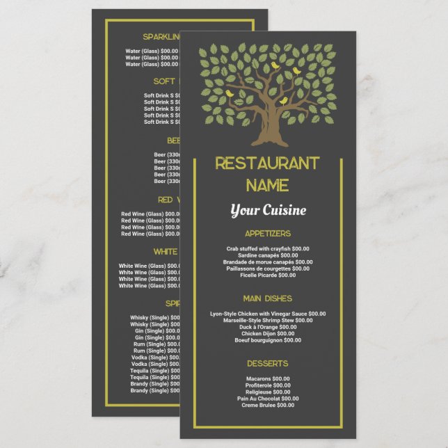 Träd Bird, Restaurant Slimline Menu Meny (Fram/baksida)