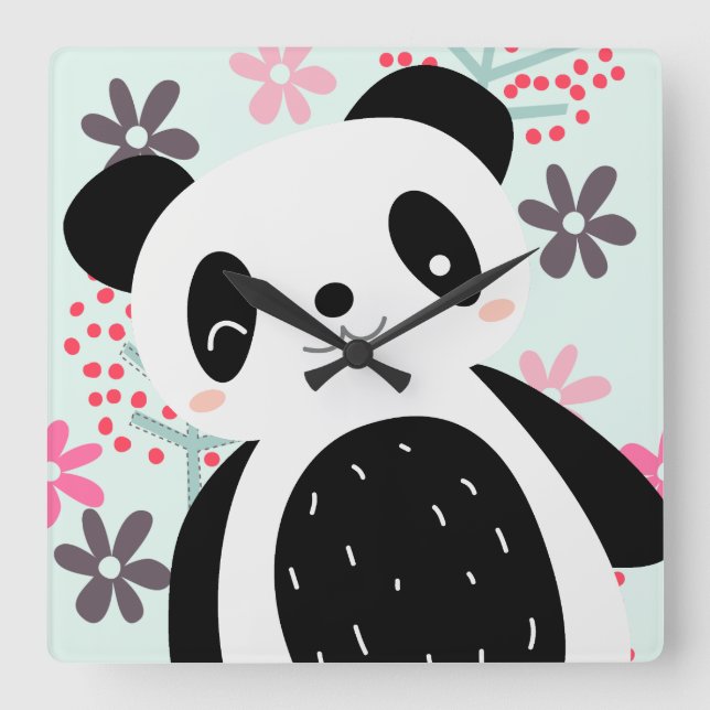 Träd, Blommor och Panda Bears Fyrkantig Klocka (Framsida)