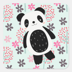 Träd, Blommor och Panda Bears Fyrkantigt Klistermärke