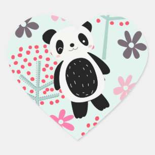 Träd, Blommor och Panda Bears Hjärtformat Klistermärke