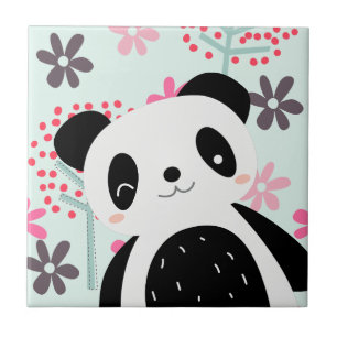 Träd, Blommor och Panda Bears Kakelplatta