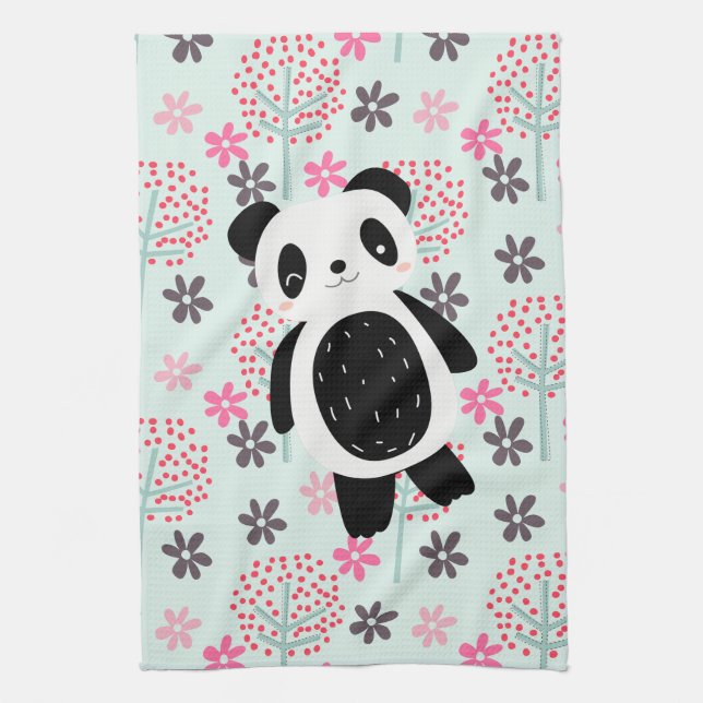 Träd, Blommor och Panda Bears Kökshandduk (Vertikal)