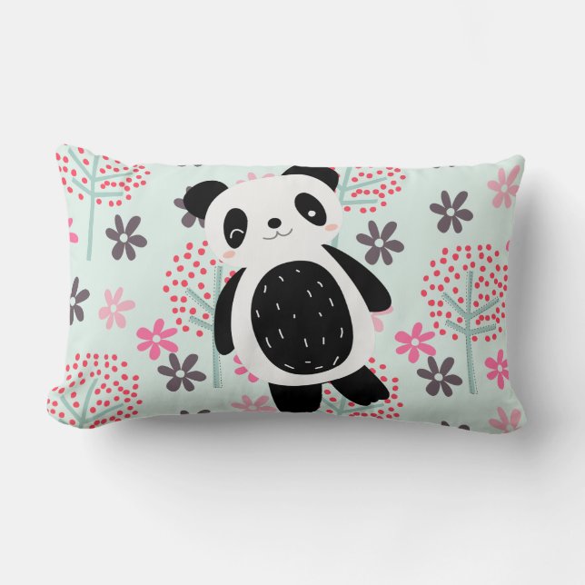 Träd, Blommor och Panda Bears Lumbarkudde (Framsida)