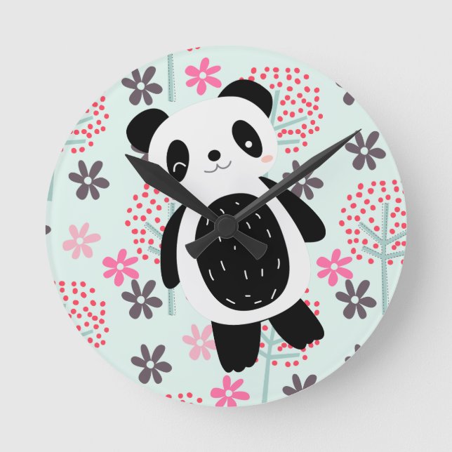Träd, Blommor och Panda Bears Rund Klocka (Framsida)