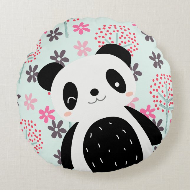 Träd, Blommor och Panda Bears Rund Kudde (Framsidan)
