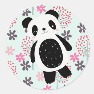 Träd, Blommor och Panda Bears Runt Klistermärke