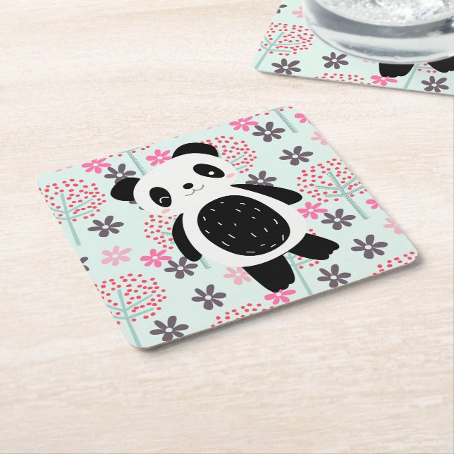 Träd, Blommor och Panda Bears Underlägg Papper Kvadrat (Vinklad)