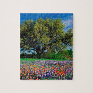 Träd bor oaken bland Texas Bluebonnets Pussel