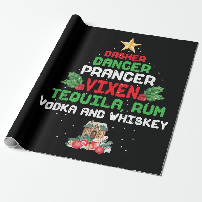 Träd Dasher Prancer Vixen Tequila Whiskey Presentpapper (Utrullad)
