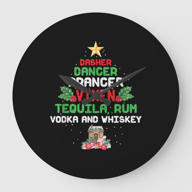 Träd Dasher Prancer Vixen Tequila Whiskey Stor Klocka (Framsida)