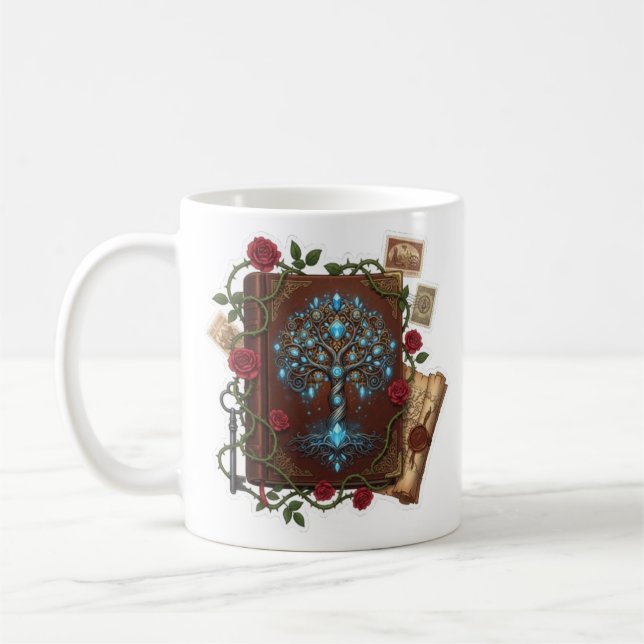 Träd des Livet Fantasy-Spellbok design Kaffemugg (Vänster)