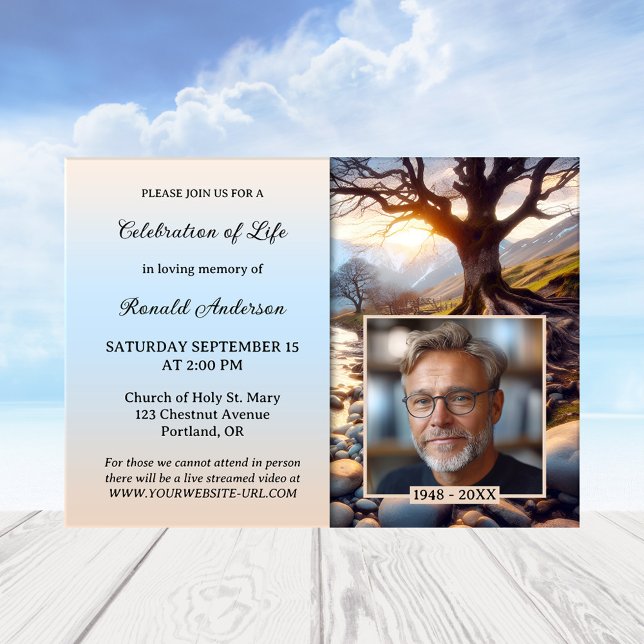 Träd Floden Life Dikt Photo Firande of Life Inbjudningar (A memorial or celebration of life service invitation featuring a tree and river with a custom poem)