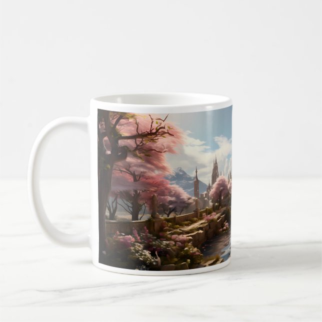 Träd, floden och palatset i en annan värld kaffemugg (Vänster)