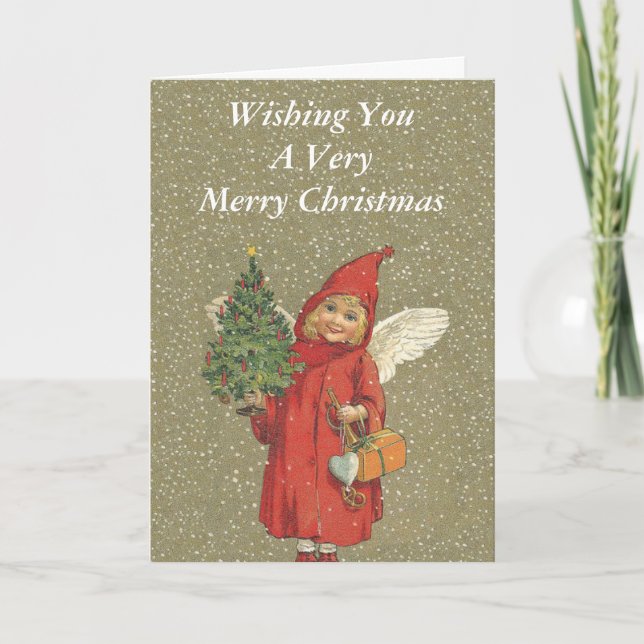 Träd för ängel för god julVictorianliten flicka Helgkort (Framsida)