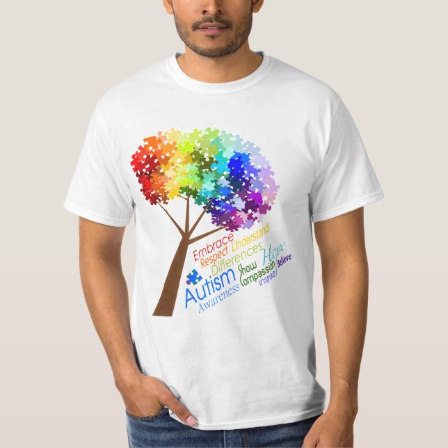 Träd för pussel för Autismmedvetenhetregnbåge med Tee Shirt (Framsida)
