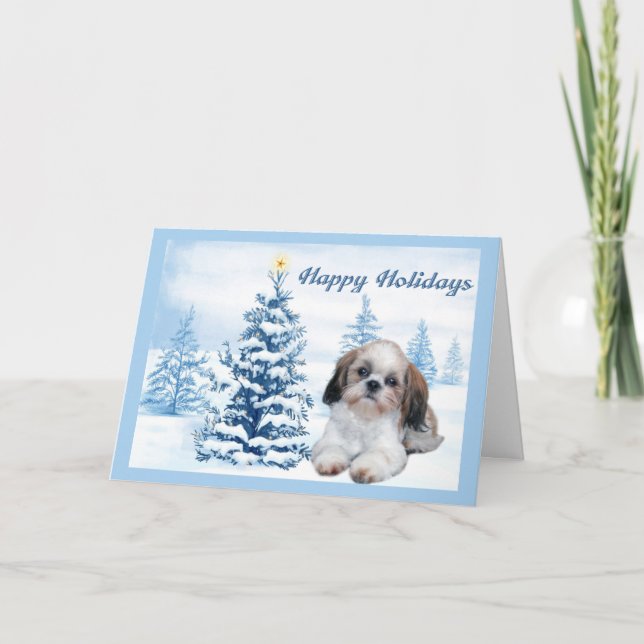 Träd för Shih Tzu julkortblått Helgkort (Framsida)