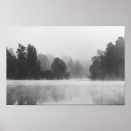 Träd försvinner i dimma ovanför sjö poster