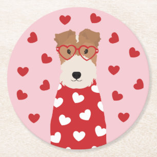 Tråd Fox Terrier Hund Hjärt Glasögon Rosa Röd Underlägg Papper Rund