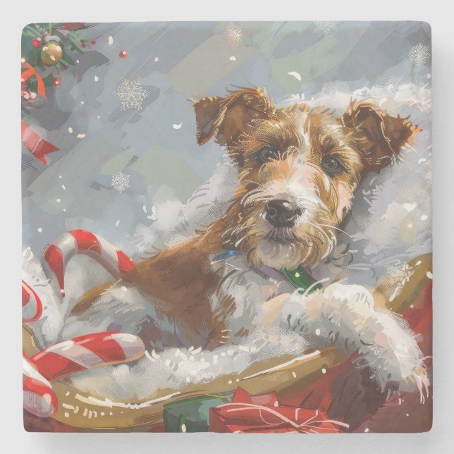 Tråd Fox Terrier Hund Jul Festlig Stenunderlägg (Framsidan)