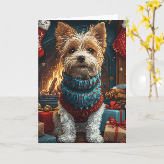 Tråd Fox Terrier Hund Med Julpresent Braskamin Kort (Gul blomma)