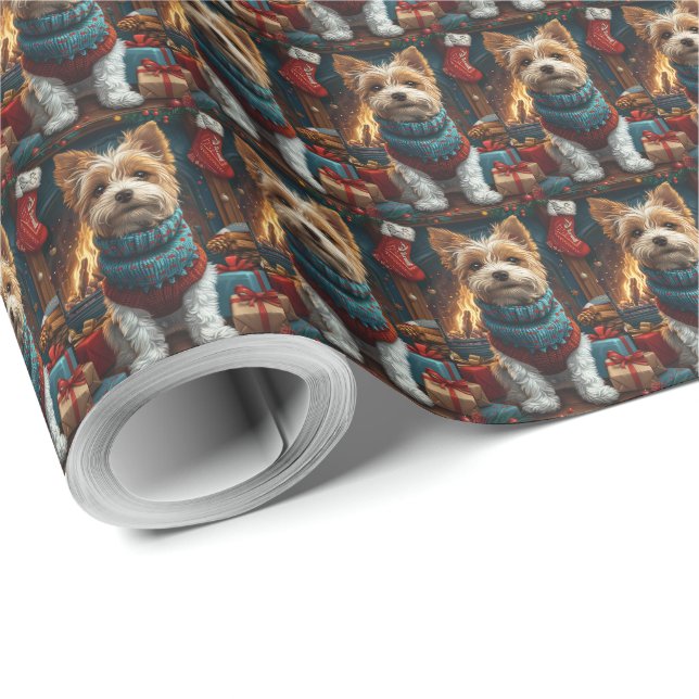 Tråd Fox Terrier Hund Med Julpresent Braskamin Presentpapper (Rulle Hörn)