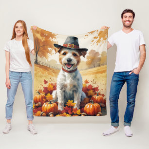 Tråd Fox Terrier i höstlöv tackgivande konst Fleecefilt