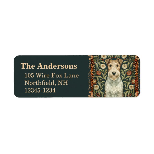 Tråd Fox Terrier i William Morris blomsterstil Returadress Etikett (Framsidan)