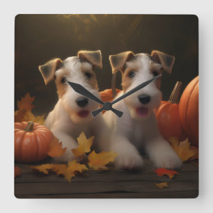 Tråd Fox Terrier Valp Höstglädje Pumpa Fyrkantig Klocka
