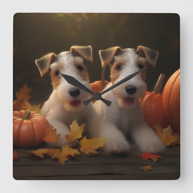 Tråd Fox Terrier Valp Höstglädje Pumpa Fyrkantig Klocka (Framsida)