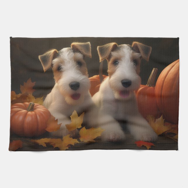 Tråd Fox Terrier Valp Höstglädje Pumpa Kökshandduk (Horisontell)