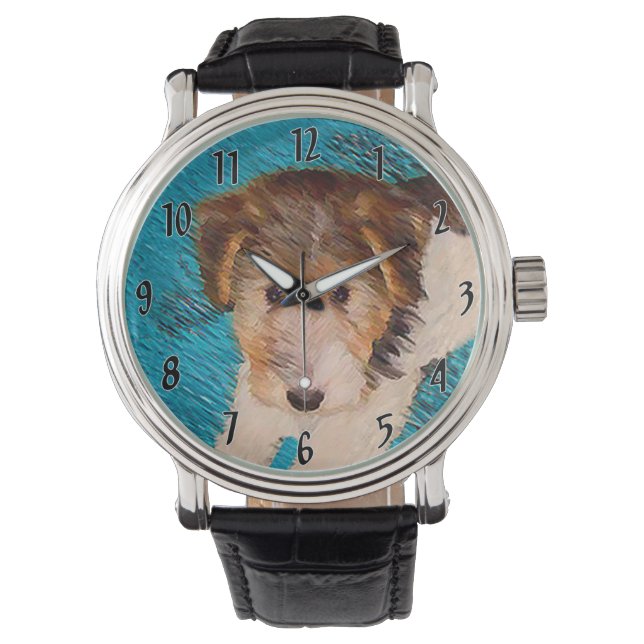 Tråd Fox Terrier Valpmålning - Original Hundkonst Armbandsur (Framsida)