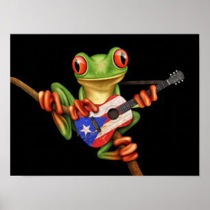 Träd Frog Puerto Rico Flagga Guitar Black Poster