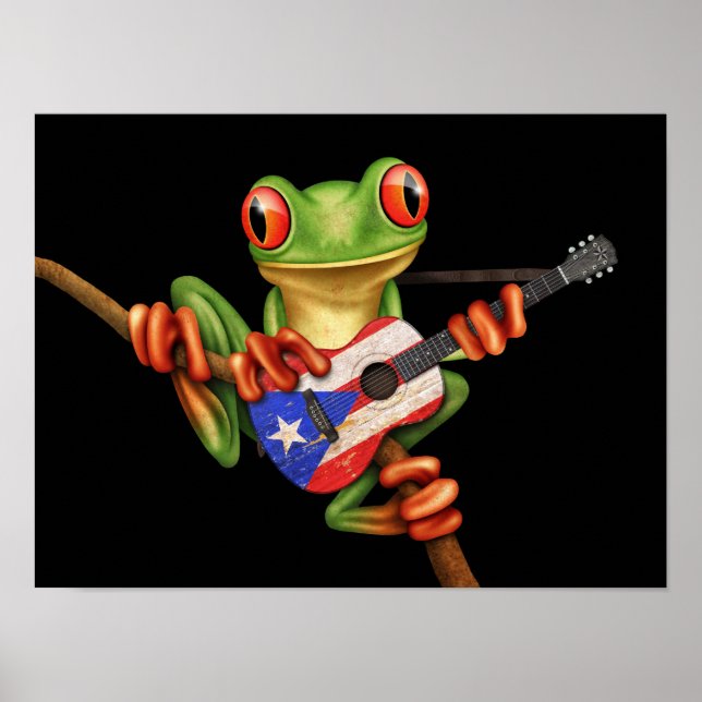 Träd Frog Puerto Rico Flagga Guitar Black Poster (Framsidan)