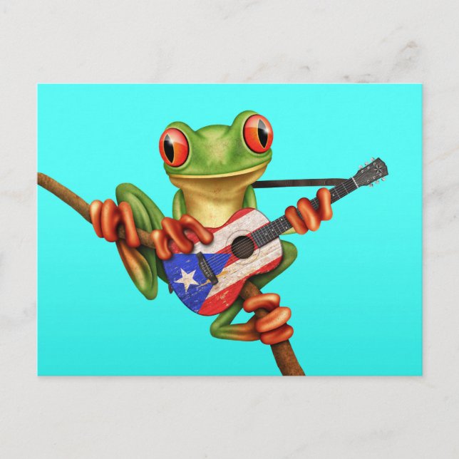 Träd Frog Puerto Rico Flagga Guitar Blue Vykort (Framsida)