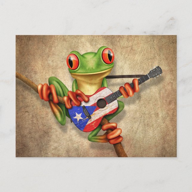 Träd Frog Puerto Rico Flagga Guitar Vykort (Framsida)