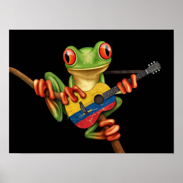 Träd Frog som spelar colombiansk Flagga Guitar Bla Poster (Framsidan)