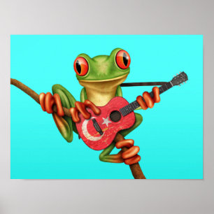 Träd Frog som spelar turkiska Flagga Guitar Blue Poster