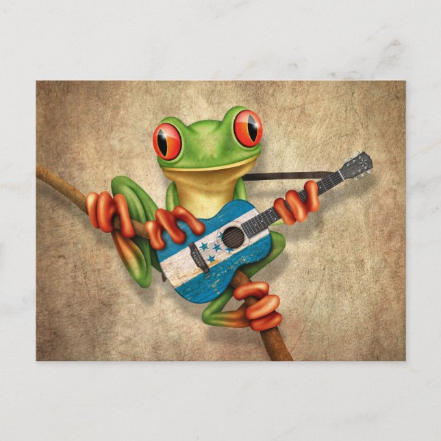 Träd Frog Spela Honduras Flagga Guitar Vykort (Framsida)
