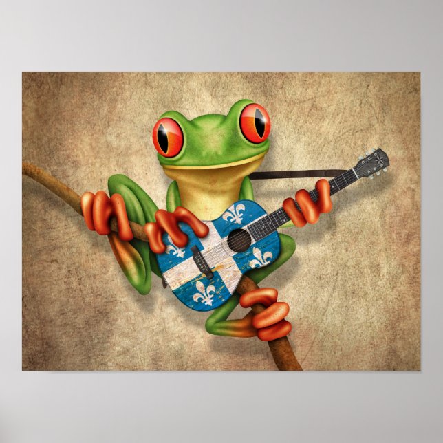 Träd Frog Spela Quebec Flagga Guitar Poster (Framsidan)