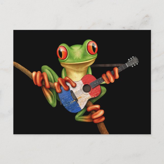 Träd Frog Spelar Fransk Flagga Guitar Black Vykort (Framsida)