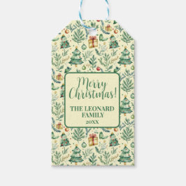 Träd, gåvor och prydnadsföremål för vinterjulklapp presentetikett