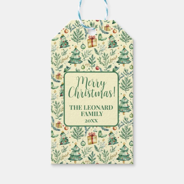 Träd, gåvor och prydnadsföremål för vinterjulklapp presentetikett (Framsidan)