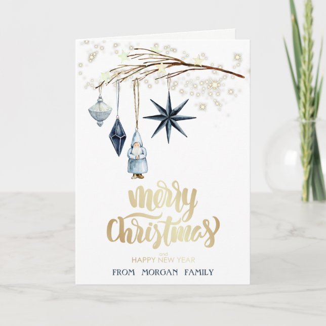 Träd Gren,Bollar,Jultomten,,stjärnor Helgkort (Framsida)