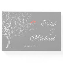 Träd Grenar Grått Coral Birds Bröllop Guestbook