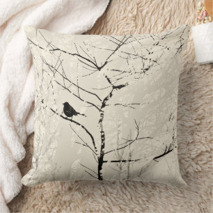 Träd Grenar och Mocking Bird Taupe Cream Black Kudde