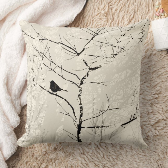 Träd Grenar och Mocking Bird Taupe Cream Black Kudde (Filt)